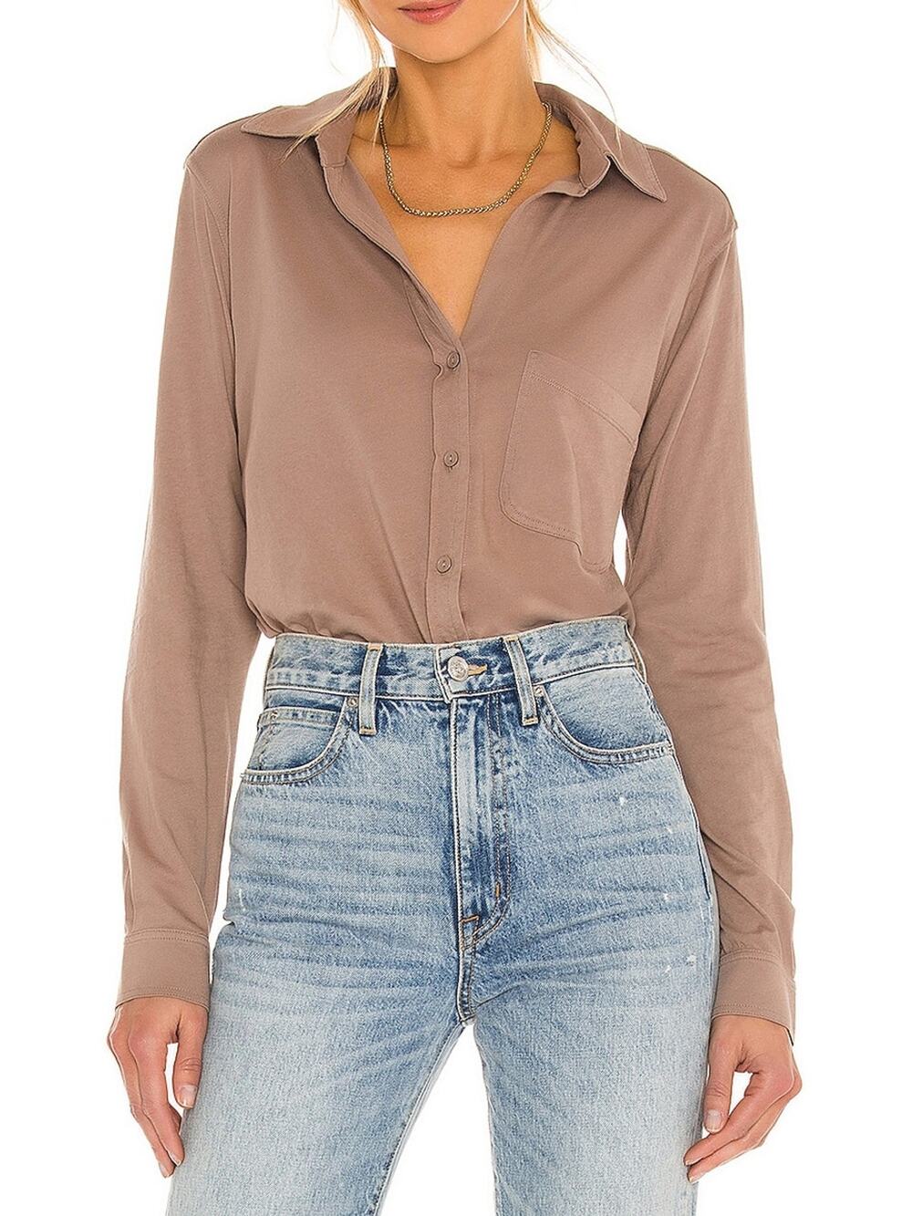 Bobi Lightweight Tan Jersey Button Up Shirt Size XS
